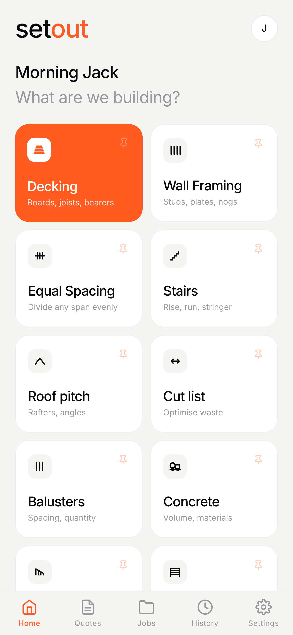 Setout app home screen showing a grid of construction calculators